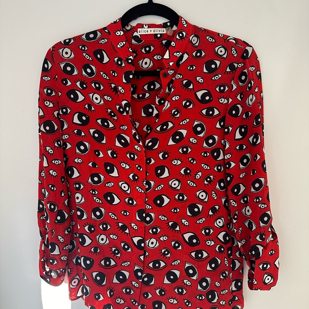 Alice + Olivia Red Eye Print 100% Silk Women's Top XS